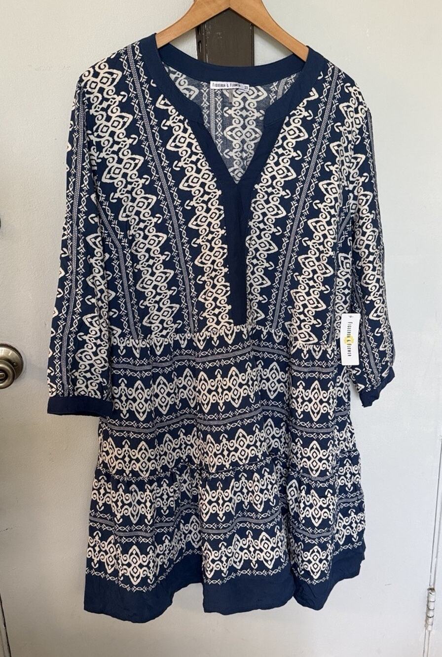 Fig & Flower 2X Tiered Knee Dress Peasant Bohemian Lagenlook Blue White NWT